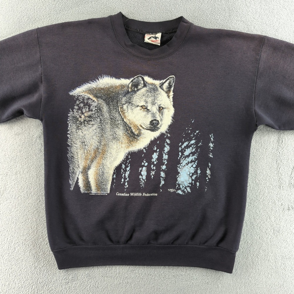Vintage 80s Harlequin Sweatshirt Medium Gray Wolf Graphic Pullover Made Canada‎
